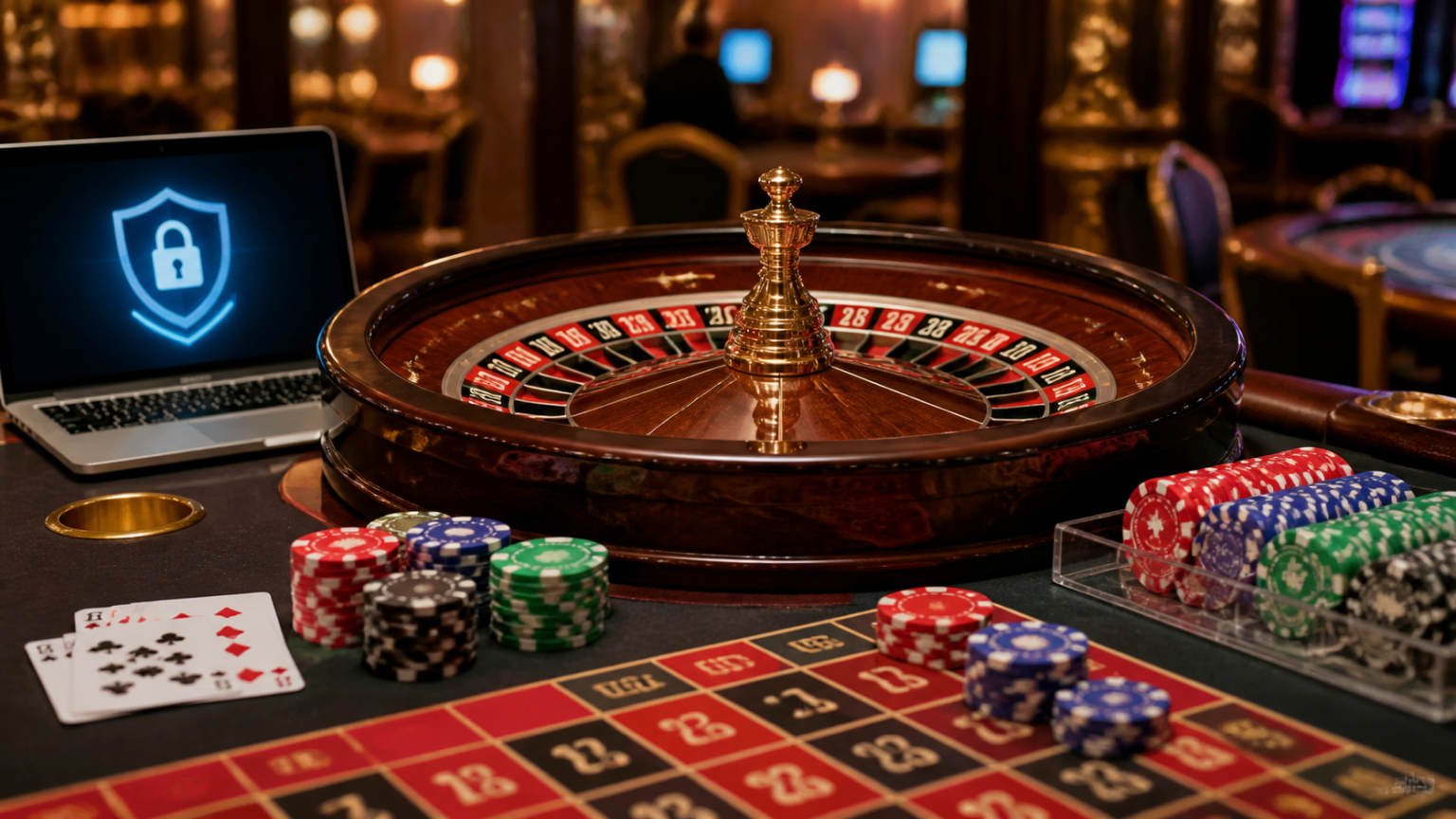 Che cosa si intende davvero per casino non AAMS sicuri Tavolo da casinò con roulette, carte e fiches per il tema dei casino non aams sicuri