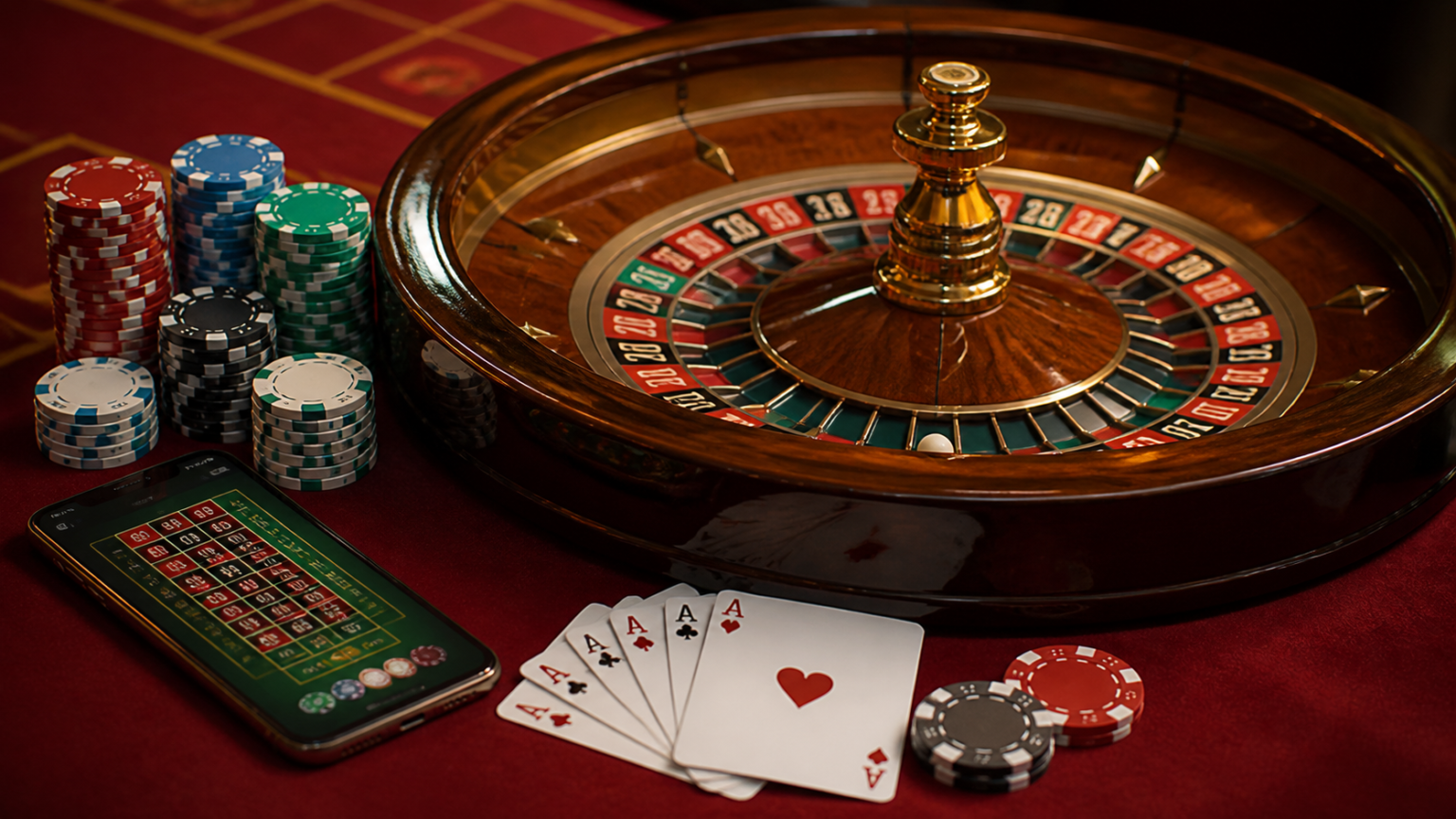 Online betting scene with casino chips, cards, and a roulette wheel