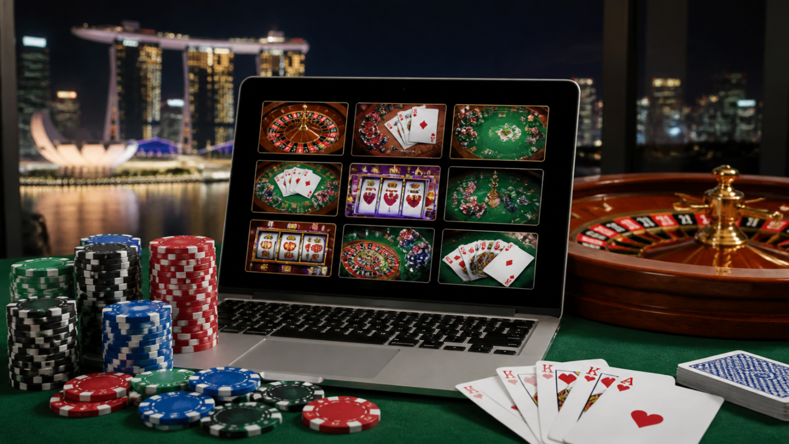 Online Casino Singapore: What Players Should Know Before They Start Online casino Singapore scene with laptop, chips, and playing cards